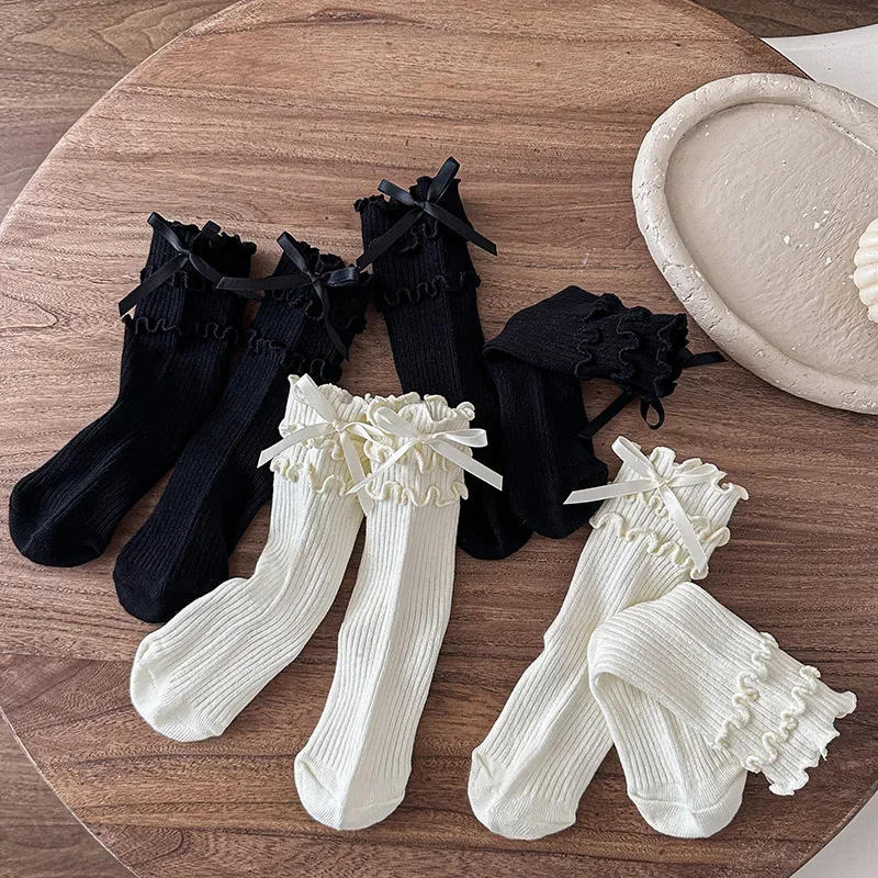 2 Pair/set Girls Lolita Style Cream White Cotton Socks  Triple Layer Ruffle Trim Korean Bow Toddler & Kids Accent Princess Socks