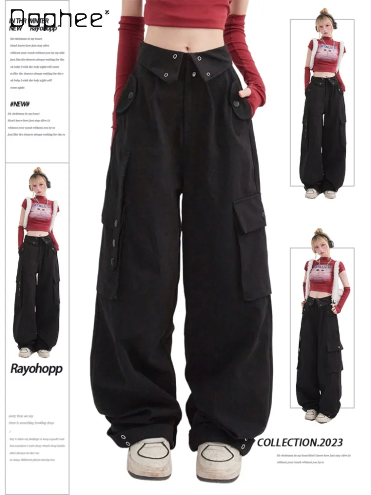 

Japanese Style Overalls Black Pants Femininas 2023 Spring New Casual Boyfriend Women's Multi-Pocket Breasted Straight Trousers