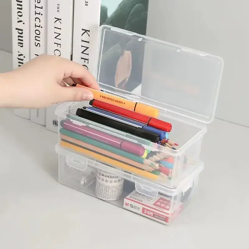 Pencil Storage Box,Pen Organizer Storage,Office Supplies Organizer Box,Large Capacity Transparent Marker Crayon Box for School