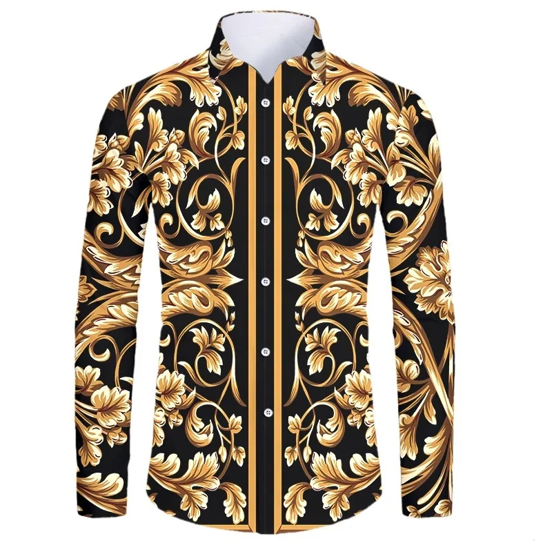Athleisure High-end Luxury Gold Pattern 3D Printed Long Sleeve Button Down Shirt Men\'s Street Style Fashion Top Hip Hop Clothing
