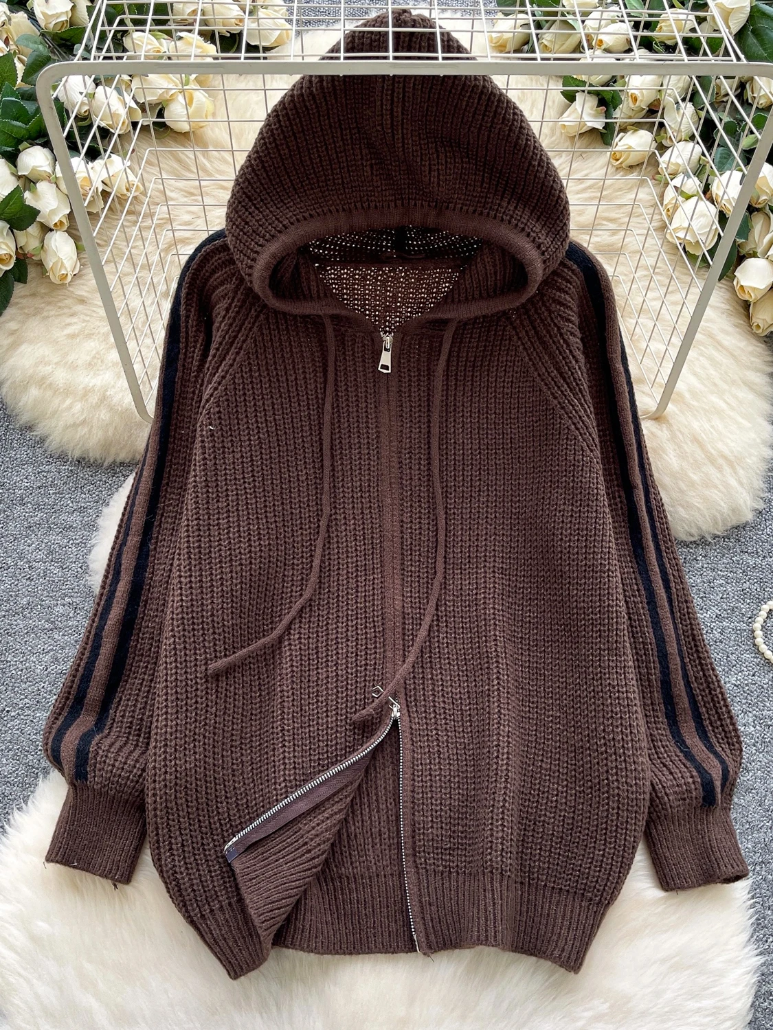 أنيقة عادية فضفاضة تناسب مقنعين سستة طويلة Sve محبوك Jaet المرأة Faionable سترة سترة تخفيف Sle الخريف الدفء #1