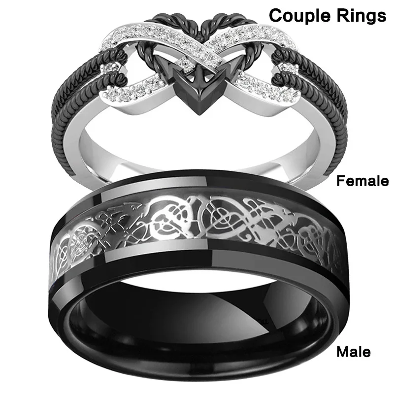 New Listing Gothic Accessories Fashion Love Black Infinity Heart Couple Rings Women Stainless Steel Jewelry Valentines Wholesale