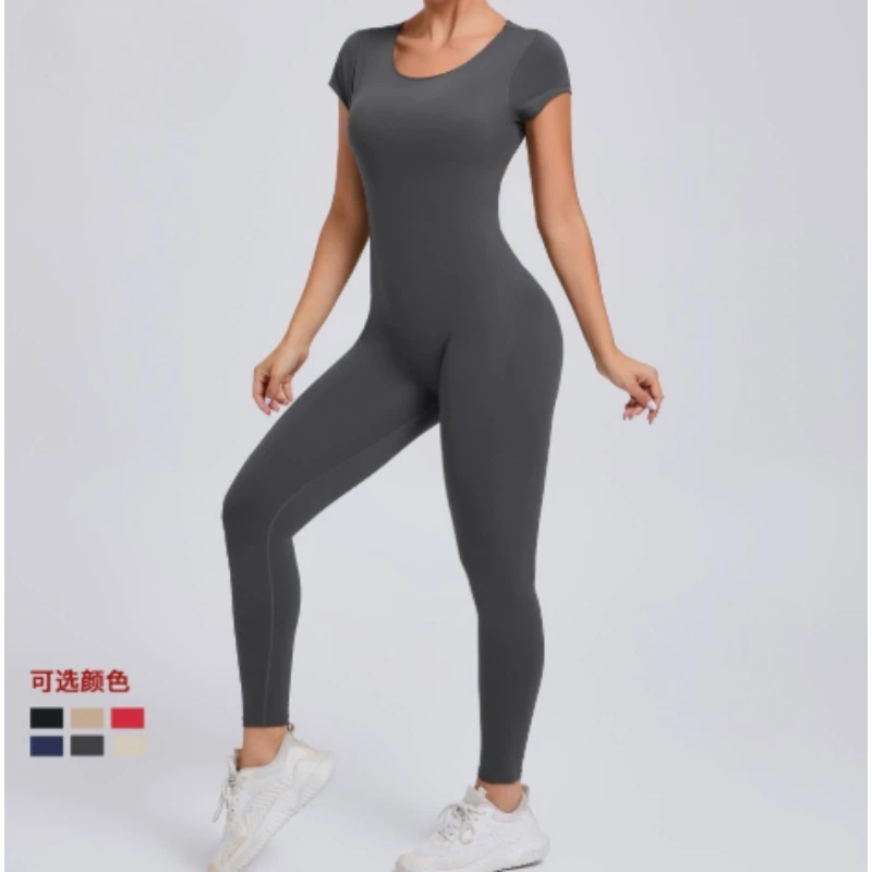 Tuta da yoga monopezzo da donna manica corta aperta sul retro slim fit outfit sportivo collant abbigliamento fitness da palestra per sollevamento dell'anca ad asciugatura rapida