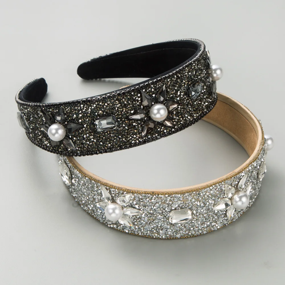 

Новая ретро-повязка на голову с широкими полями, женская, полностью украшенная стразами и жемчугом, элегантная, корейская, высококачественная, для банкетов, аксессуар для волос