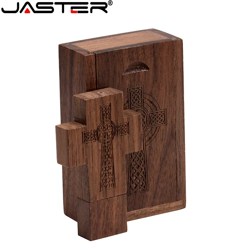 

JASTER Cross USB Flash Drive Free Customer Logo Memory stick Wooden box Pen drive 128GB 32GB 64GB Creative christ gift Pendrive