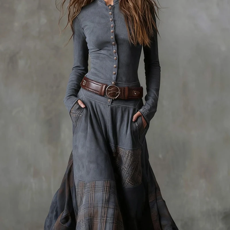 Vestido largo drapeado con botones a la moda, vestido largo elegante con cuello redondo y manga larga con bolsillos, vestido de fiesta ajustado con estampado a cuadros Vintage