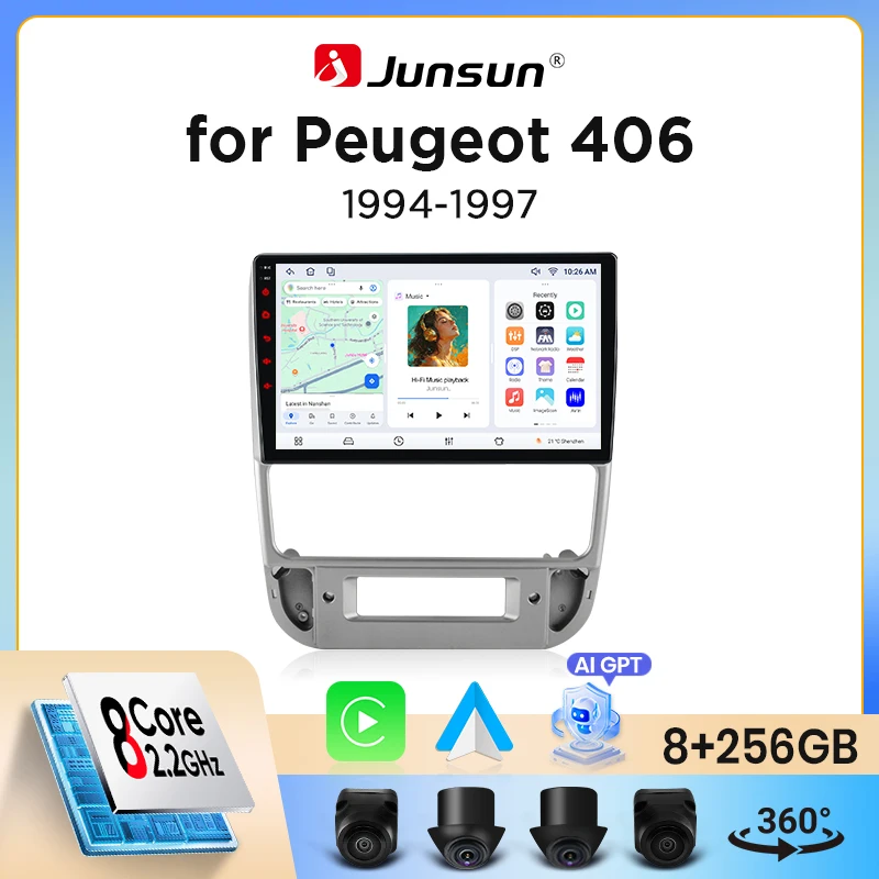 Image of Junsun Wireless CarPlay Android Auto Autoradio für Peugeot 406 (8B/8E/8C) 1995-2004 mit integriertem Lüfter, Android GPS Navigation, Multimedia-Player, WiFi, DSP, RDS, BT, SWC, IPS Touchscreen,