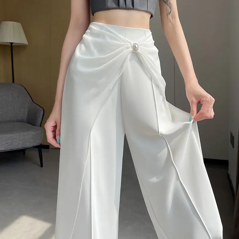 

Ice silk chiffon splicing suit wide-leg pants women's summer new high-waisted casual straight floor pants
