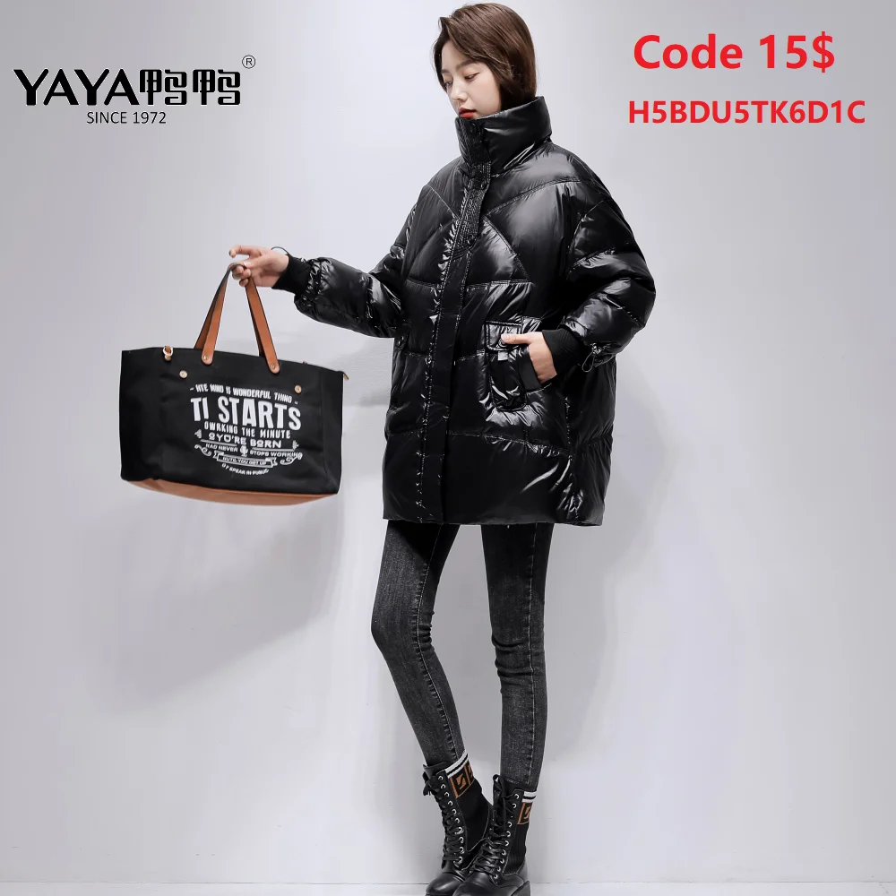 

YAYA 2022 Women Puffy Down Jacket With Hood Loose Style Winter Medium-Length Water Proof Pure Color Warm Coat Padded Parkas