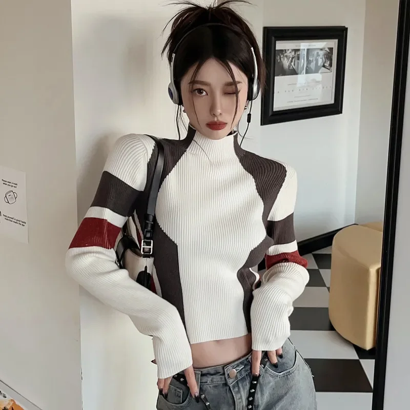 

Korean Retro Hot Girl Short Sweater Pullover Midriff-baring Color Contrast Half Neck Long Sleeve Jumper Lazy Knitwear Y2k Top