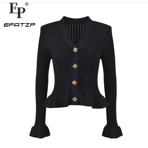 Women Black Shoulder Pad Ruffles Knit Cardigan Gold Buckle V-Neck Slim Fit 2024 Early Autumn Ladies Long Sleeve Knitwear Tops