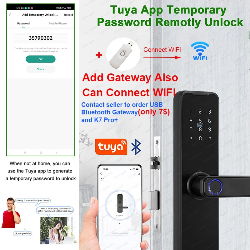 RAYKUBE Biometric Fingerprint Door Lock K7 Pro+ Black Smart Lock Tuya App Bluetooth Unlock Keyless Lock Electronic Door Lock