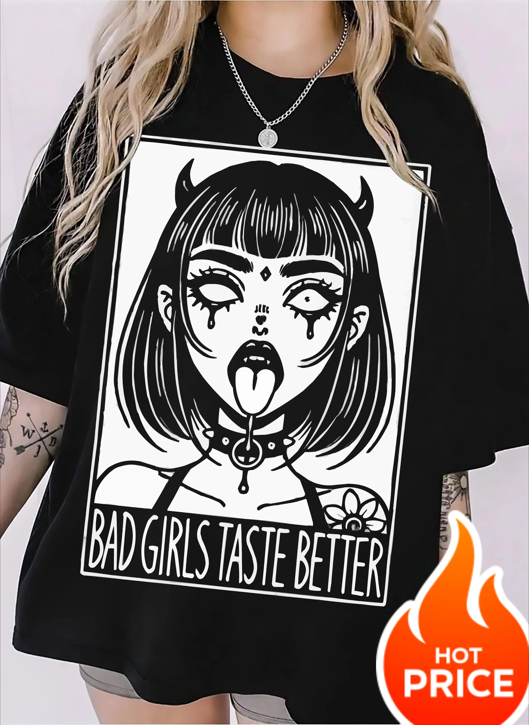 Bad Girls Taste Better T-Shirt, Gothic Anime Demon Girl Tee Summer Men's and Women's Loose and Breathable T-shirt Top