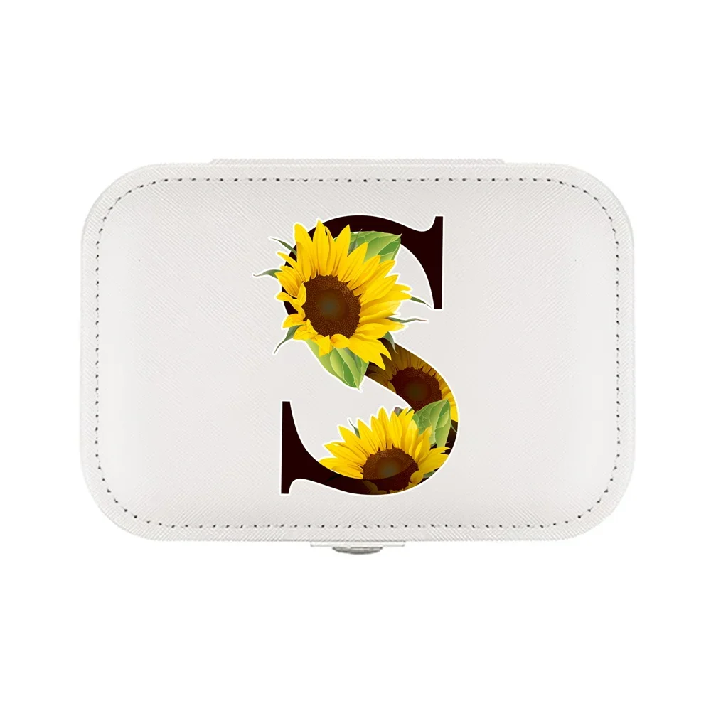 Jewelry Box Earrings Storage Bag Desktop Drawer Necklace Ring Holder PU Leather Organizer Display Black Letters and Flowers 2023