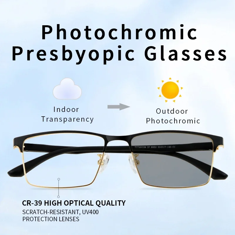 Photochromic Reading Sunglasses for Men, Ultralight Titanium Eyeglasses Frame, Presbyopia Eyeglasses,Square Glasses