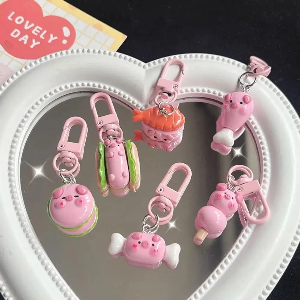 Gourmet Pink Pig Metal Keychain Pink Pig Small Hamburger Pig Animal Keyring Cartoon Cute Pig Food Keychain Key Ring