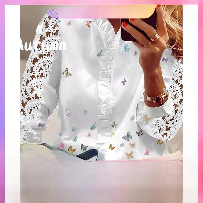 

Elegant White Lace Top for Women Long Sleeve Princess Style Shirt Fashionable Ladies' Premium Clothing Non-Shrinking Fabric