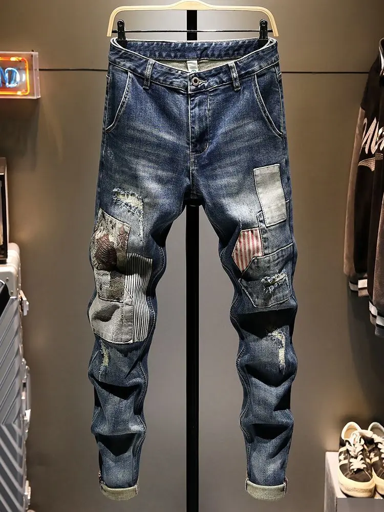 

Модные лоскутные джинсы цвета Blo, мужские облегающие длинные брюки, осенне-зимние брюки с дырочками, маленькие брюки на ногах
