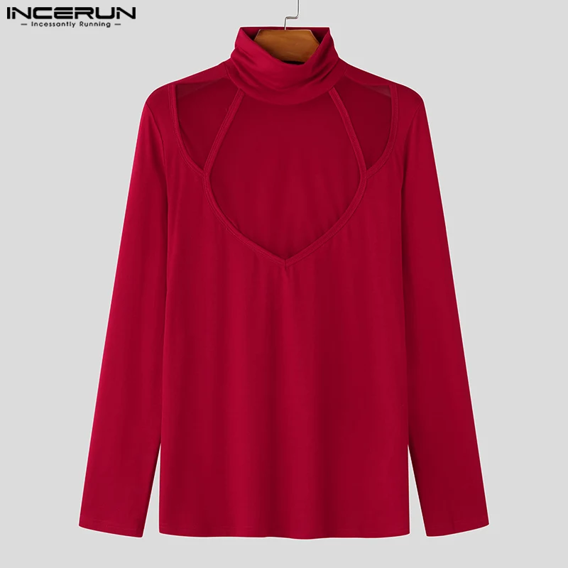 INCERUN Men T Shirts Mesh Patchwork Sexy Turtleneck Long Sleeve Skinny Casual Camisetas Streetwear 2026 Sexy Tee Tops S-5XL