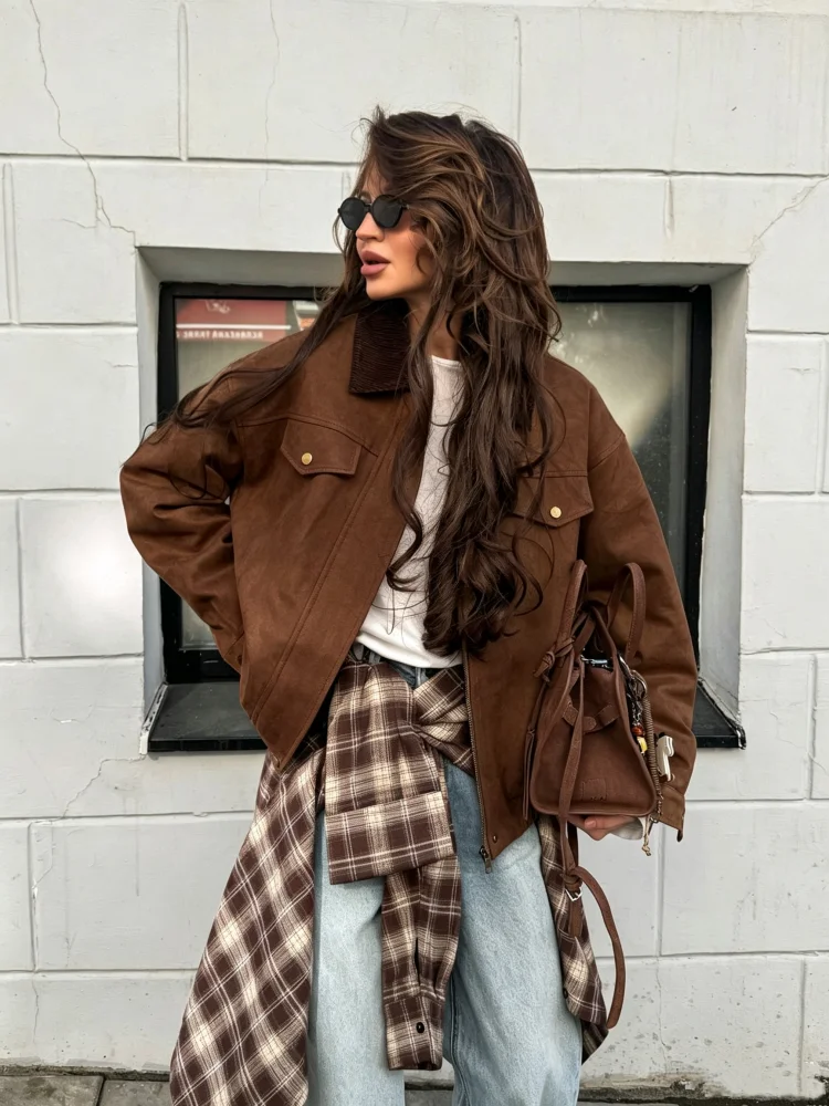 Women Vintage Brown Faux Suede Trucker Jacket Autumn Casual Corduroy Lapel Collar Zip-up Loose Jacket Women Outerwear Streetwear