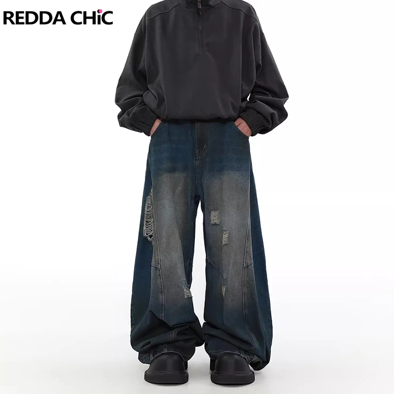 

REDDACHIC Men Backwards Ripped Baggy Jeans Patchwork Vintage Wide Leg Casual Inverted Pants Upside Down Y2k Korean Streetwear