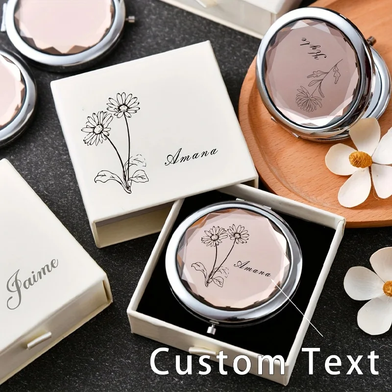 Custom Floral Crystal Pocket Makeup Mirror, Engraved Bridesmaid Compact Travel Folding Vanity Round Pocket Mirror