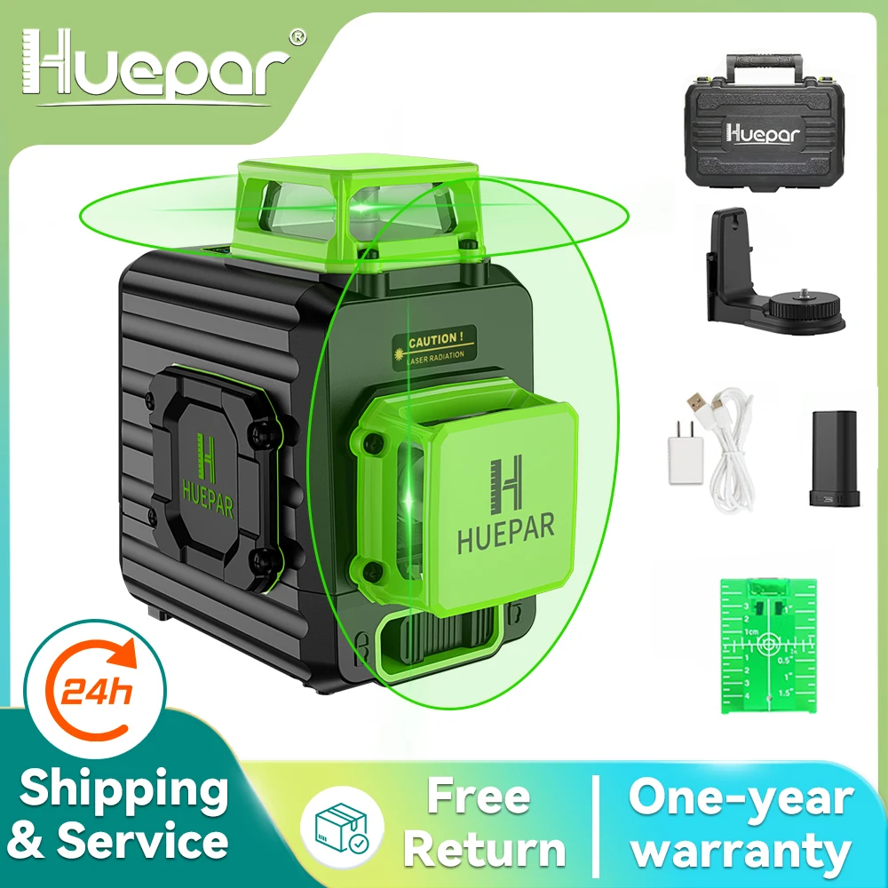 Huepar 2 x 360 Cross Line Self-leveling Laser Level Green Beam Li-ion Battery with Type-C Charging Port & Hard Carry Case