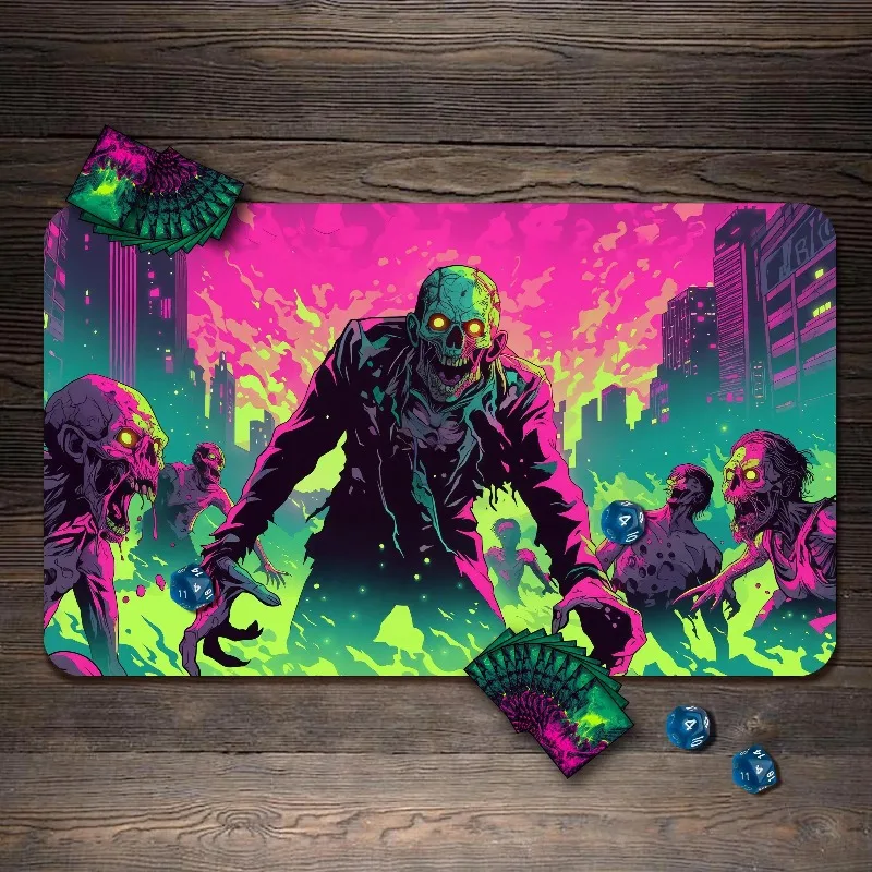 Neon Zombie Apocalypse City Playmat Horror Undead SkeletonRubber Table Mat TCG Trading Card Game DND Board Game Desk Accessories