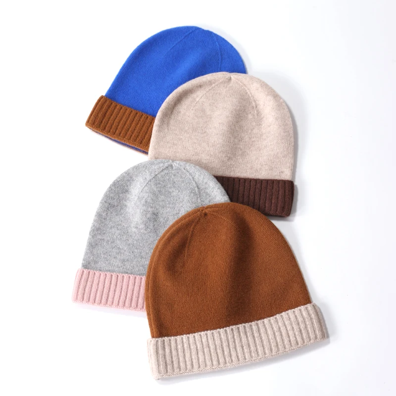 Sales Children Pure Wool Knit Ribbed Hem Beanie Cap 2 Tones Match Warm Kids Hat Winter Autumn Warm Boy Girl Natural Wool Chapeau