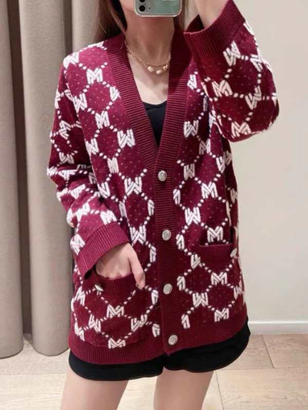 

Quali M Home Autumn Winter Knitted Cisas Pattern Women's Open Cardigan Coat V-Ne Long Sve Regular Length Woolen