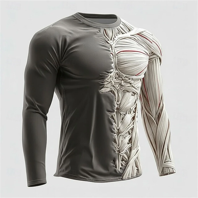 2026 Neues Herren 3D-Muskel-Print Langarm-T-Shirt Fitness Rundhals Atmungsaktive Sportbekleidung Stylische Auffällige Alltags-Streetwear – Detail 10