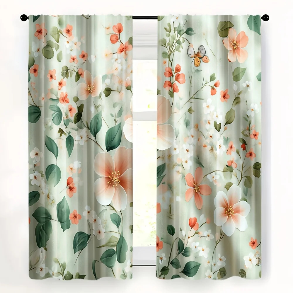 

2D FLAT 2pcs Curtains Floral Pattern With Butterflies And Leaves Perfect for Balcony, Bedroom, Study, Living Room, Suitable for
