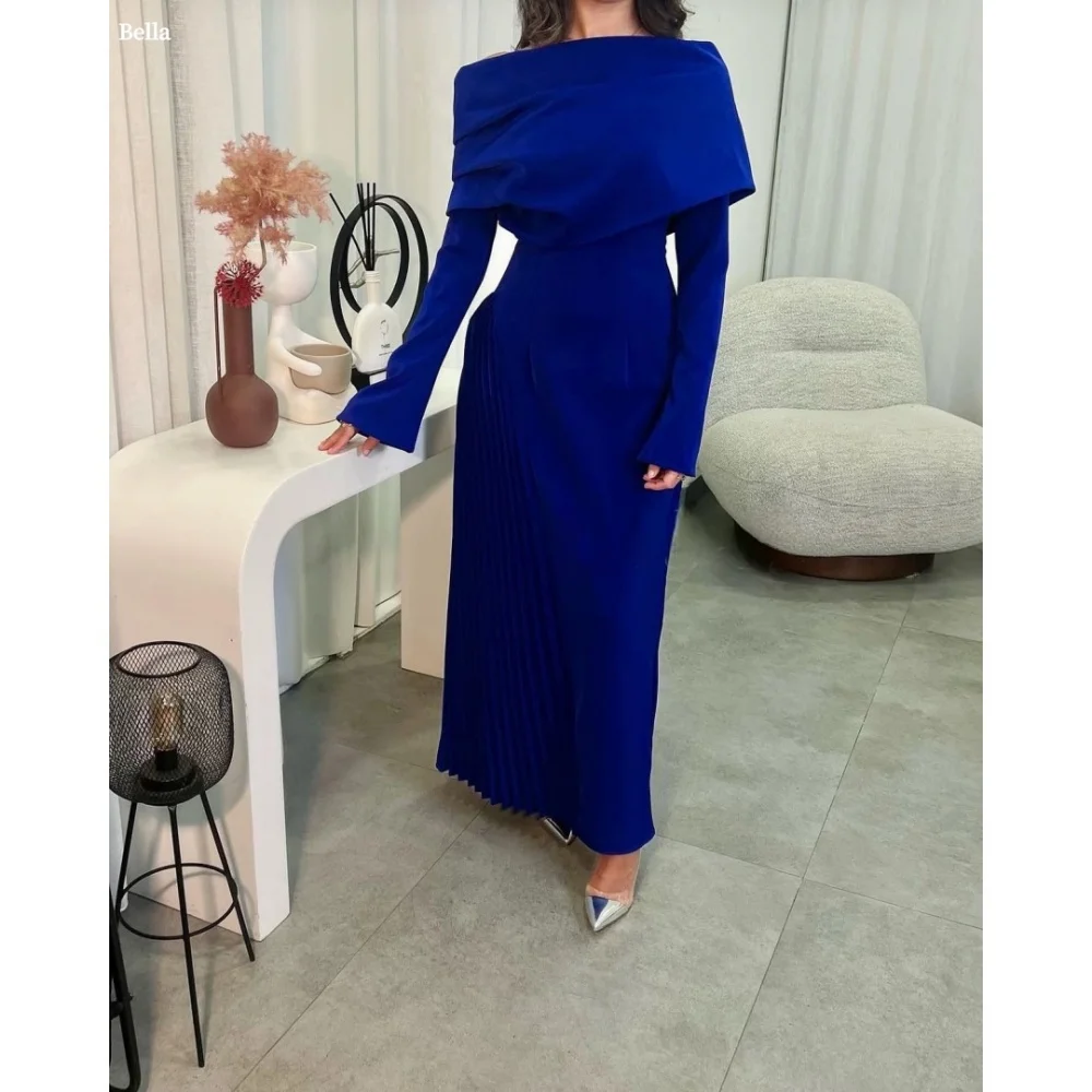 

Bella Customized Blue Shawl Two-Piece Set Long Sleeves robes de soirée Satin One Shoulder Party Dresses Ankle-Length Prom Dress