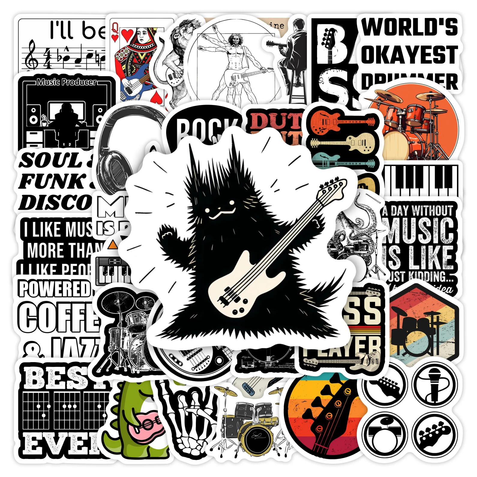 Music Band Stickers Guitar Bass Drum Jazz Rock DIY Toy Gift Waterproof Decal for Laptops Phones Bottles Luggage Decorative