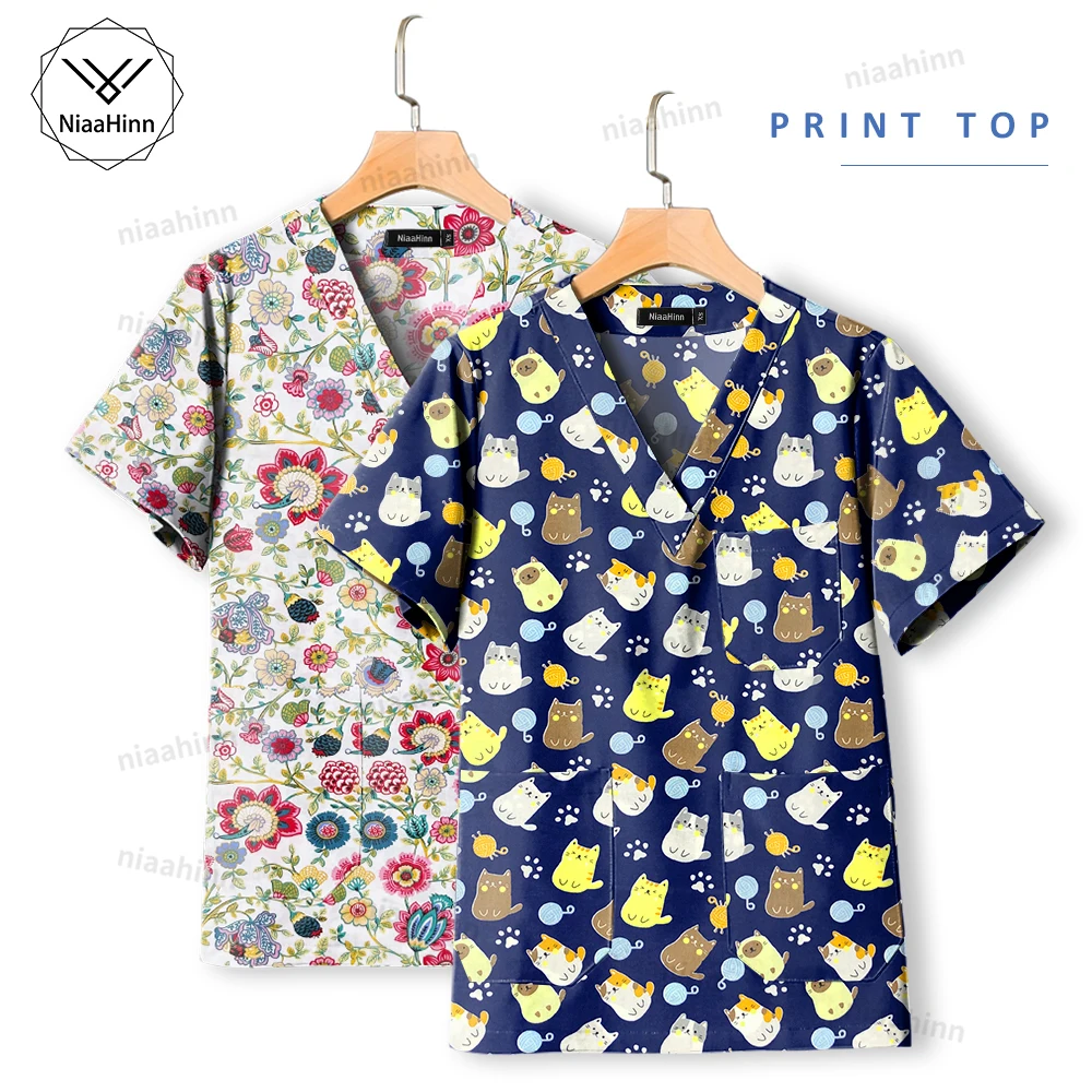 Women's Scrub Tops Printing Short Sleeved Shirts Work Clothes Healthcare Pediatric Nursing Medical Uniform Wholesale Nurse Scrub