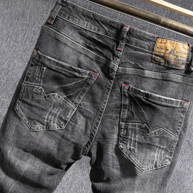 Italian Style Fashion Men Jeans Retro Black Gray Slim Fit Stretch Ripped Jeans Men Trousers Vintage Casual Denim Pants Hombre