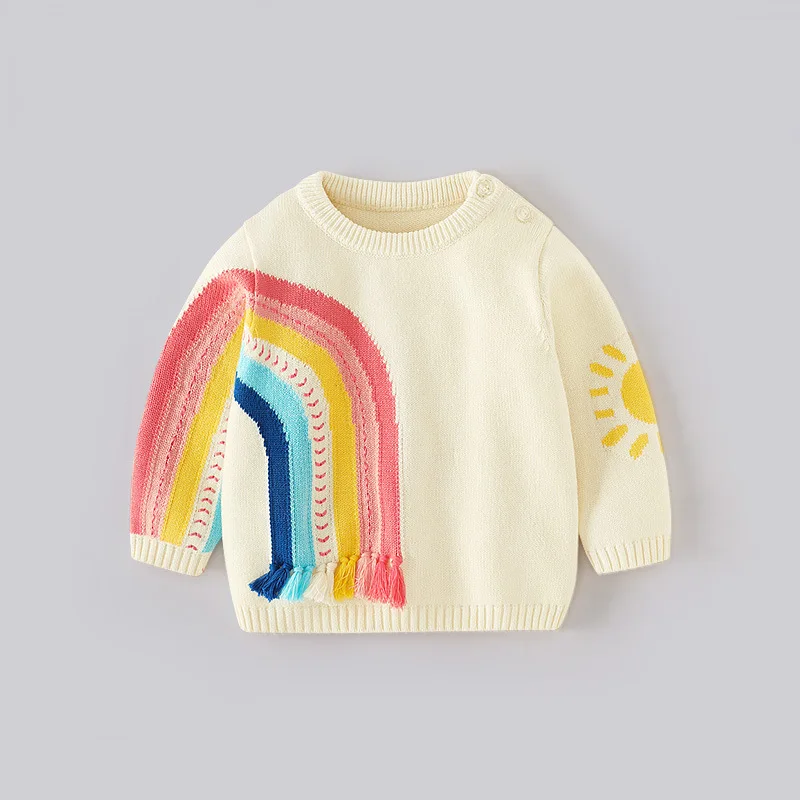 

Autumn Winter Children Girls Sweater Cotton Rainbow Printed Infant Babys Girl Pullovers Loose Round Collar Toddler Girl Knitwear