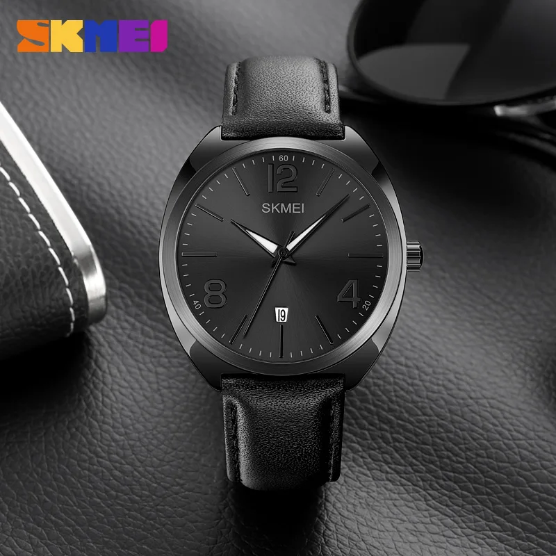 SKMEI Fashion Quartz Watch Luxury Waterproof Sports Men\'s Wrist Watches Leather Strap Simple Dial with Date Original Brand reloj