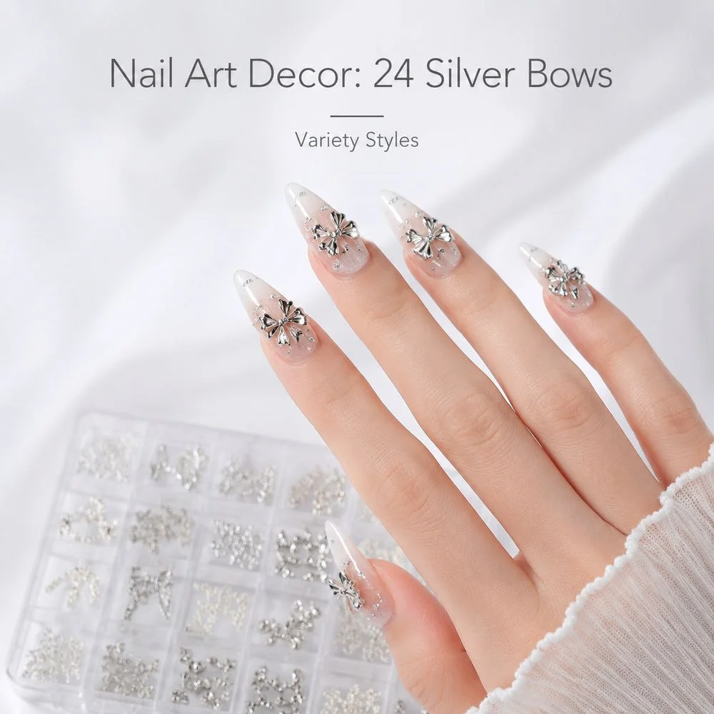 24 Grids Box Silver Alloy Rhinestone‑Embedded 3D Bowknot Nail Charms Mixed Butterfly Ornaments For Nail Art DIY Craft Decoration