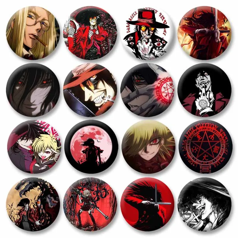 Horror Anime Hellsing Ultimate Pins plantilla broche redondo en mochila personaje de dibujos animados Alucard insignia accesorios de ropa regalos