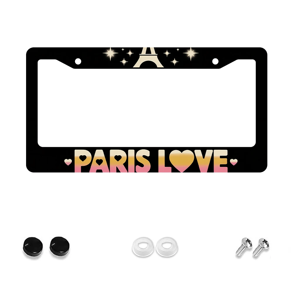 قطعة واحدة من إطار لوحة الترخيص ذو فتحتين من الألومنيوم الأسود مع تصميم برج إيفل ونجوم باريس، مقاس 6 × 12 بوصة، تتضمن طقم براغي، R