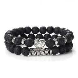 2pcs/set Tibetan Buddha Head Bracelets For Men Natural Volcanic Stone Bead Chakra Lava Stone Bracelet Women Fashion Jewelry Gift