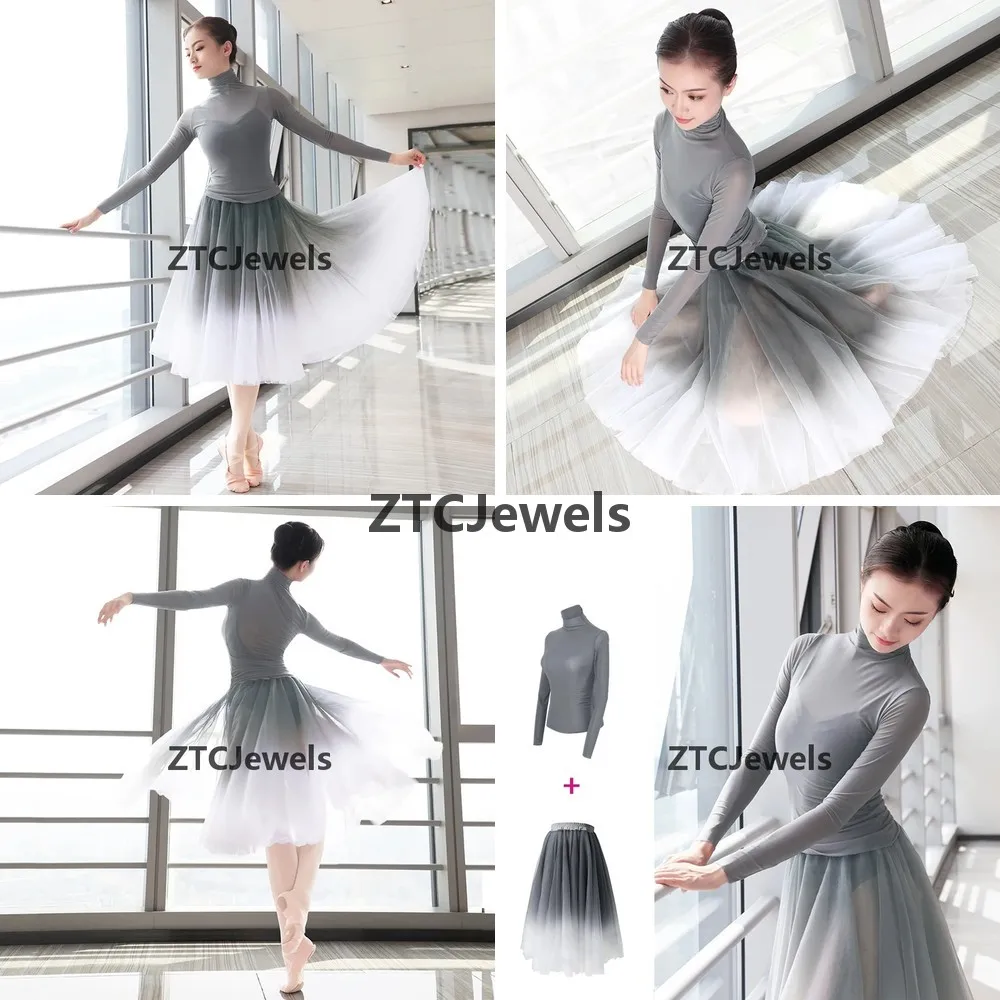 

Cosplay Ballet Leotard for Women Gradient Gray Dance Dress Long Sleeve Turtleneck Yoga Suit with Soft Mesh Skirt Classical Gauze