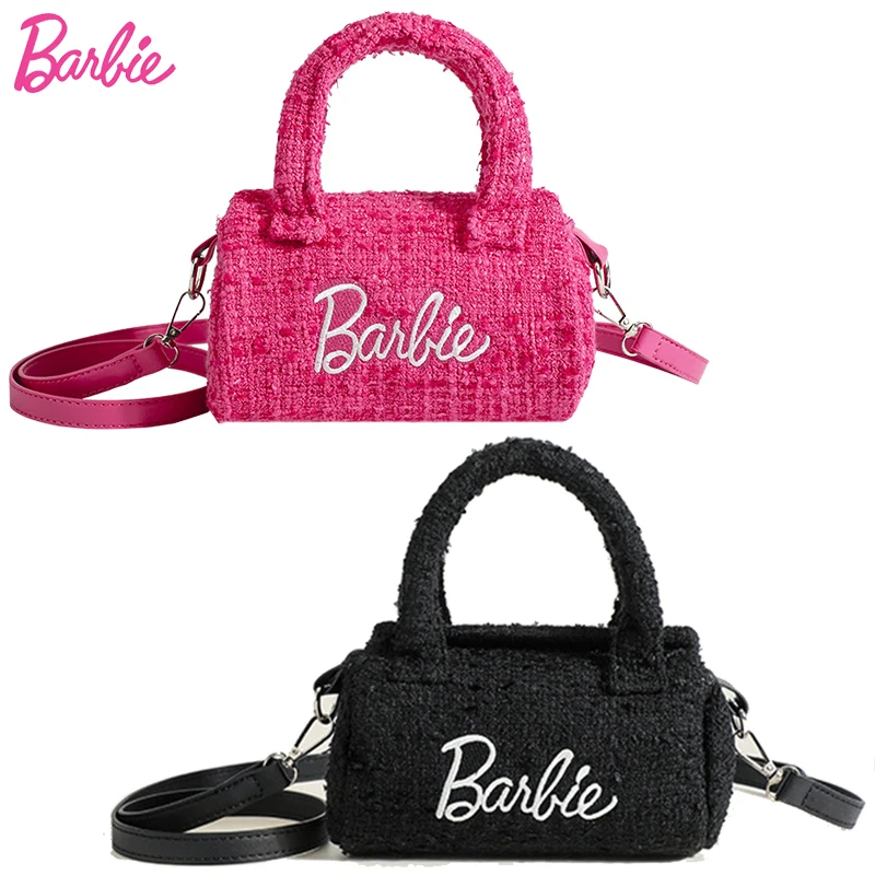 Cute Pink Black Barbie Bags Lady Girls Daily Wear Accessories Hangbag for Woman Shopping Cylindrical Messenger Bag Fashionable