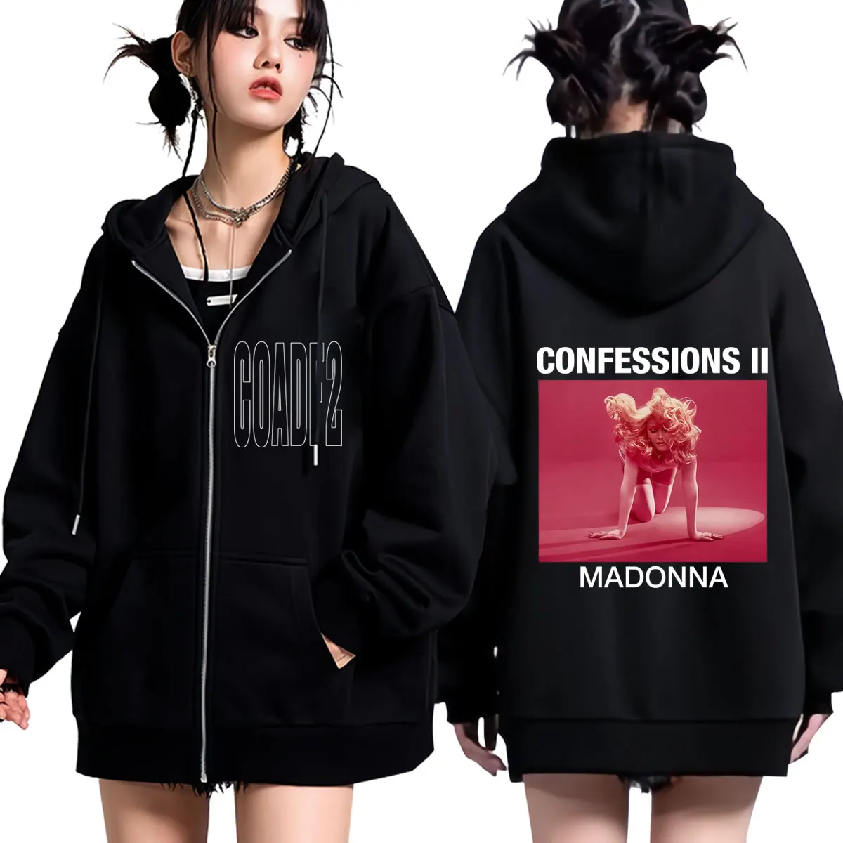 Moletom com Zíper Estampado Madonna CONFESSIONS II Album Tour 2026 Masculino e Feminino, Jaqueta Casual com Zíper, Tendência Estética