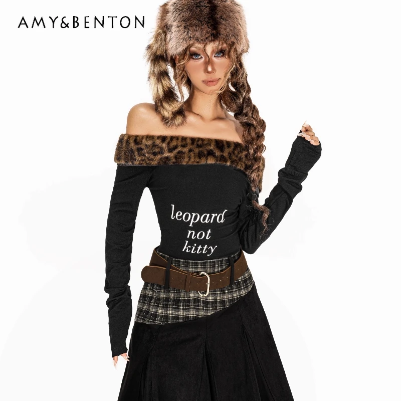 

Оригинальный ретро-дизайн, женская нижняя рубашка с меховым воротником и длинными рукавами, осень-зима 2022, популярные женские футболки с открытыми плечами для девочек