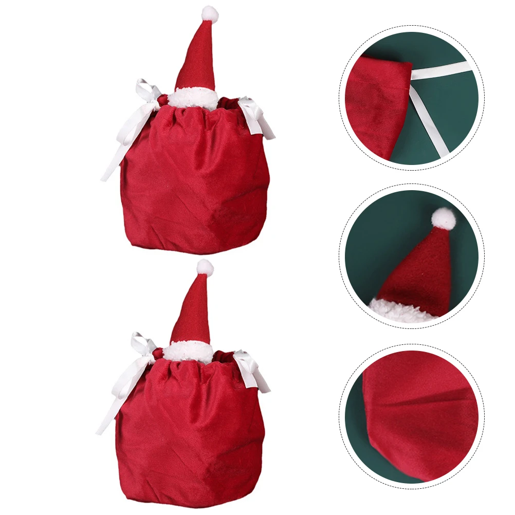 

2 Pcs Christmas Gift Bag Cartoon Drawstring Bags Apple Present Sack Flannel Wrapping for Presents Candy Tote