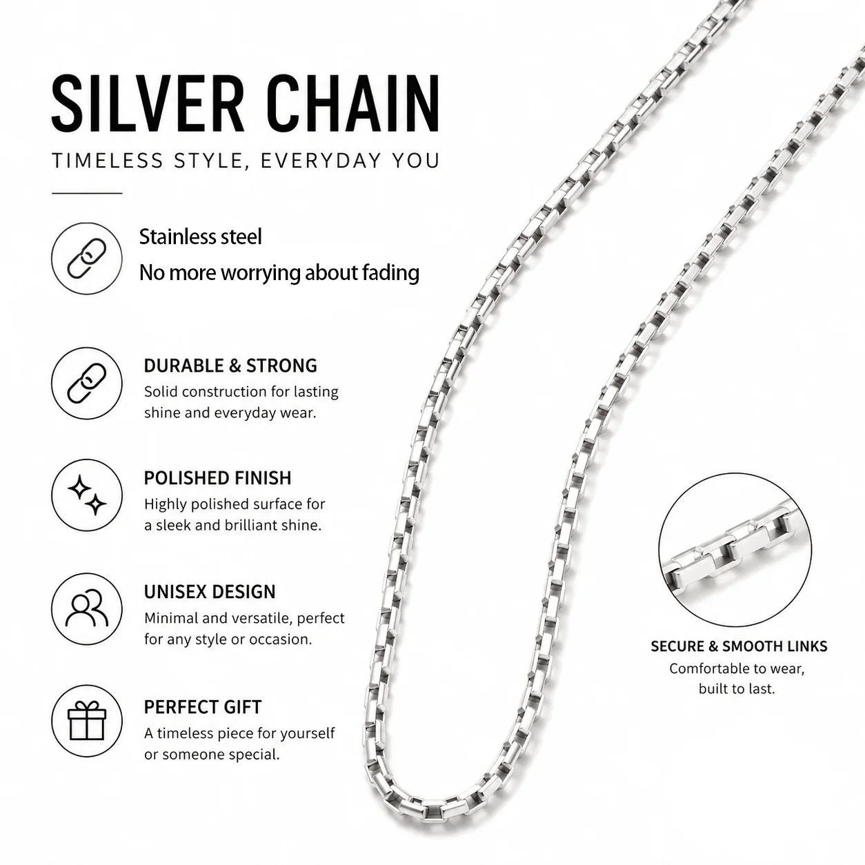 for pendant Stainless Steel Box Chain Necklace Men Women Silver Color Classic Link Choker Necklaces Fashion wholesalJewelry Gift