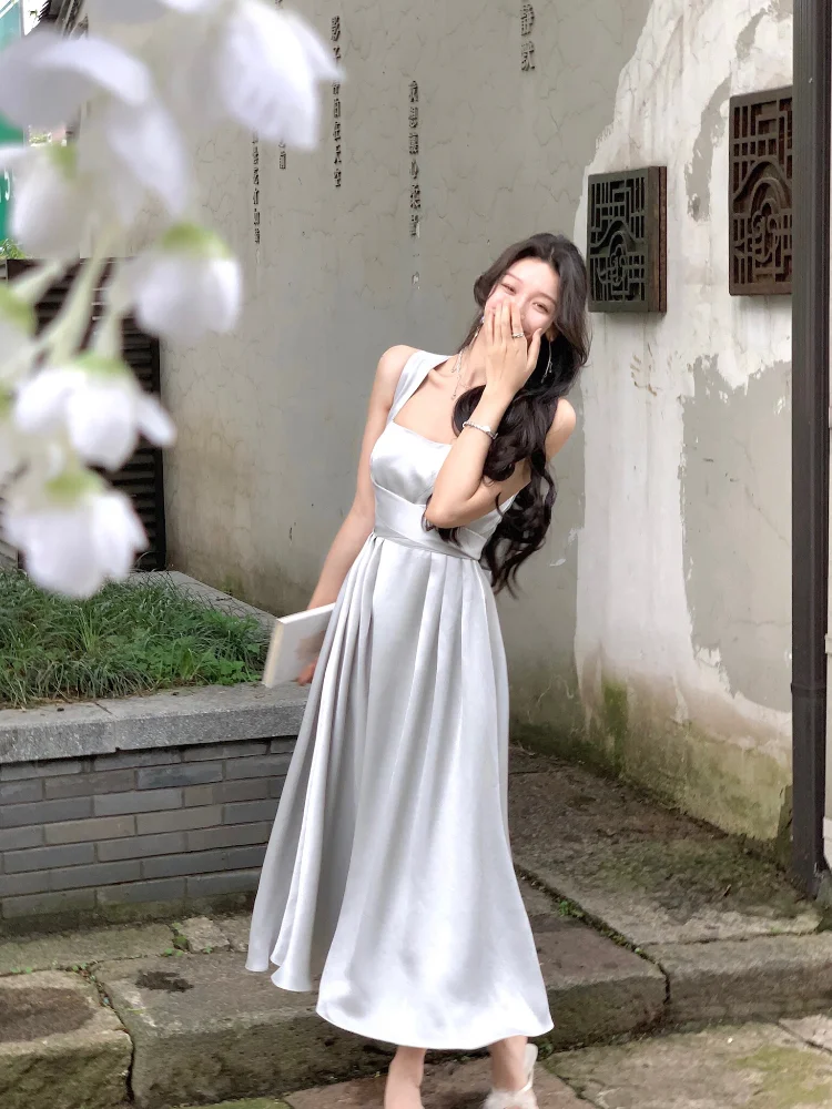 

Summer New Elegant Casual Party Mid-length Dress Sleeveless Vintage A-Line Solid Chic Prom Wedding Vestidos Female Clothes Robe