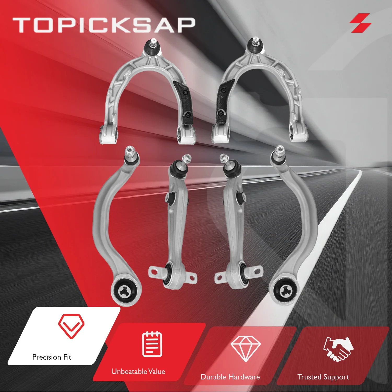 TOPICKSAP 6Pcs Front Suspension Kit Upper Lower Rearward Forward Control Arm Ball Joint Bushing For Tesla Model 3 2017-2026